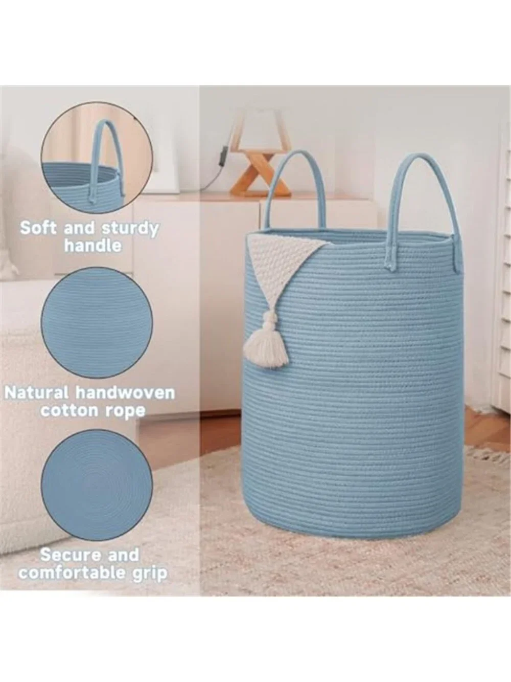 New 60L Cotton Rope Laundry Basket Hamper, Blue